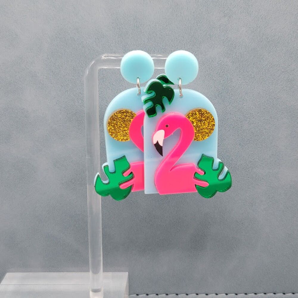 Acrylic Blue With Flamingo And Monstera Leaf Earrings